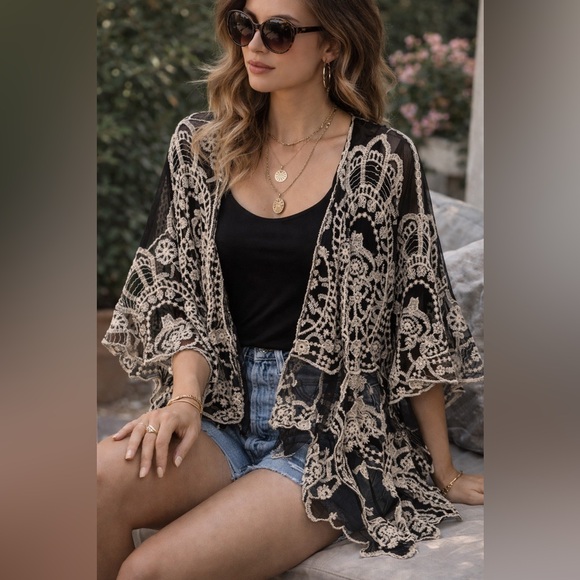 Forgotten Grace Tops - Lace Shawl Black Sheer Embroidered Cardigan - Forgotten Grace - Small